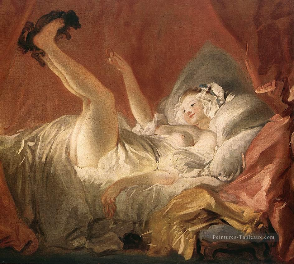 Jeune femme jouant avec un chien Rococo hédonisme érotisme Jean Honoré Fragonard Peintures à l'huile